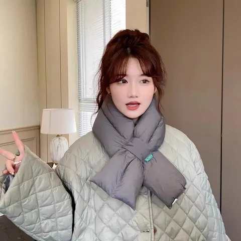 Women Down Cotton Cross Neck Warmer Solid Color Thickened Warm Scarf Korean Style Winter Neck Protector Padded Bow Muffler