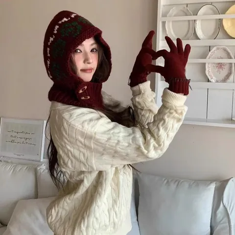 Women Fair Isle Knitted Balaclava Retro Winter Warm Wool Blend Scarf Integrated Hat With Wood Buttons Ethnic Style Hood