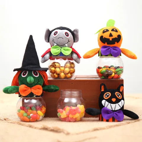Halloween Cartoon Creative Pumpkin Witch Vampire Black Cat Plush Candy Jar Plastic Jar For Party Desktop Decoration Gift Packaging