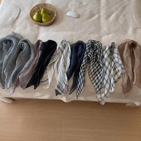 100% Pure Linen Square Scarf Women Breathable Japanese Style Neck Scarf Vintage Plaid Striped Bandana For Hair Neck Accessory