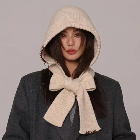 Fashion Korean Style Wool Blend Balaclava Hat For Women Winter Warm Knit Integrated Hood Scarf Solid Color Bow Decor Neck Warmer