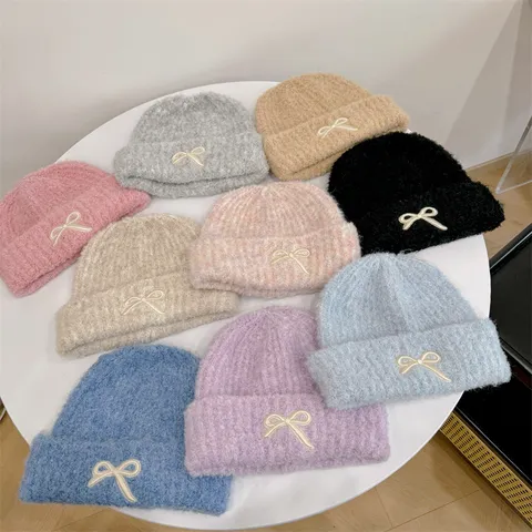 Women Sweet Bow Embroidery Knit Beanie Hat Winter Warm Polyester Knitted Cuffed Beanie Soft Thermal Headwear For Ladies