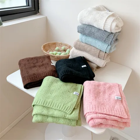 Women Japanese Style Knitted Scarf Acrylic Wool Blend Solid Color Thickened Warm Hollow Scarf Elegant Soft Winter Neck Warmer