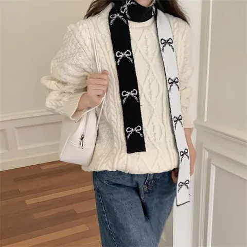 Bufanda Estrecha de Doble Cara con Lazo Estilo Coreano para Mujer de Punto de Invierno Calentador de Cuello de Acrílico Suave Cálido Accesorio de Moda Decorativo