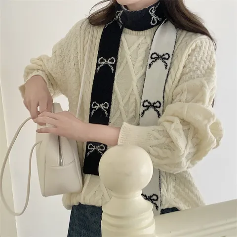 Bufanda Estrecha de Doble Cara con Lazo Estilo Coreano para Mujer de Punto de Invierno Calentador de Cuello de Acrílico Suave Cálido Accesorio de Moda Decorativo