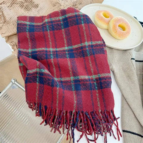 Écharpe Femme Style Coréen Rétro À Carreaux Hiver Épais Chaud Polyester Glands Franges Châle Long Doux Cou Enveloppement