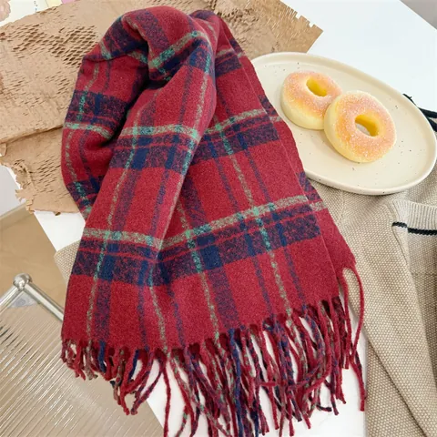 Écharpe Femme Style Coréen Rétro À Carreaux Hiver Épais Chaud Polyester Glands Franges Châle Long Doux Cou Enveloppement