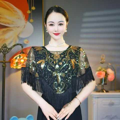 Mantellina da Donna Elegante in Rete con Paillettes Ricamate e Frange Trasparente per Serata Festa Banchetto Ballo Top da Donna