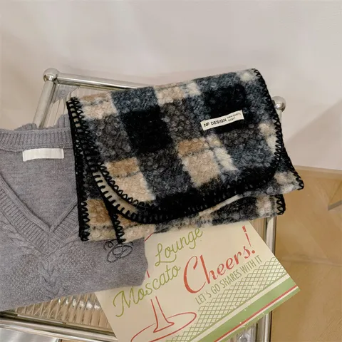 Sciarpa Donna Coreana Plaid Bouclé Inverno Calda Spessa Scacchiera Maglia Sciarpa Lunga Classico Motivo Scozzese Scaldacollo