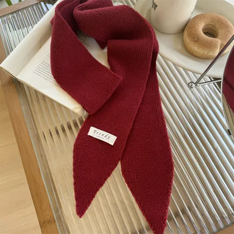 Bufanda Estrecha de Punto de Canalé para Mujer Estilo Coreano Minimalista Color Sólido Calentador de Cuello Mezcla de Poliéster