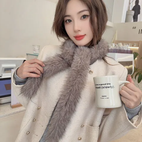 Korean Style Slender Plush Faux Fur Scarf For Women Winter Warm Neck Warmer Soft Baguette Scarf Decorative Fur Collar Solid Color