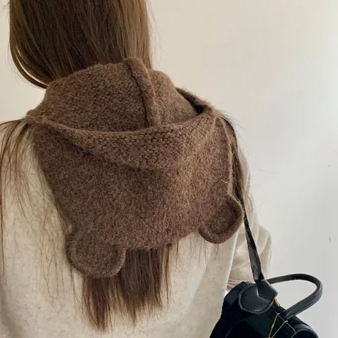 Cute Bear Ears Knit Beanie Hat For Women Winter Warm Polyester Plush Earflap Hat With Heart Metal Decor Thickened Beanie