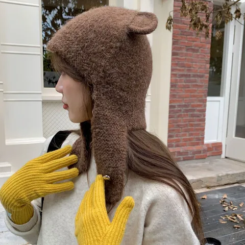 Cute Bear Ears Knit Beanie Hat For Women Winter Warm Polyester Plush Earflap Hat With Heart Metal Decor Thickened Beanie