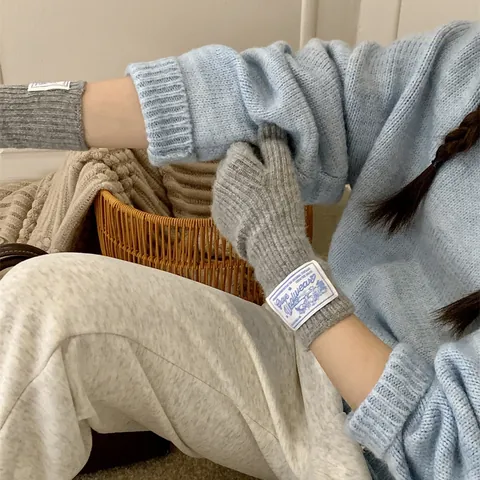 Women Knit Wool Gloves Winter Warm Thermal Full Finger Mittens With Fashion Fabric Patch Solid Color Ribbed Hand Warmers