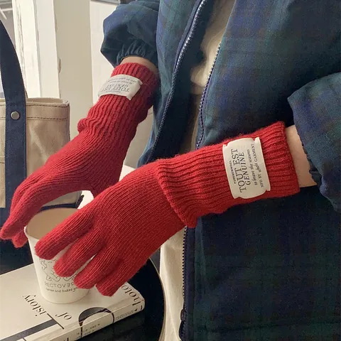 Korean Ins Style Winter Warm Gloves For Women Wool Blend Knit Touchscreen Long Five Finger Gloves Solid Color Thermal Fashion Gloves