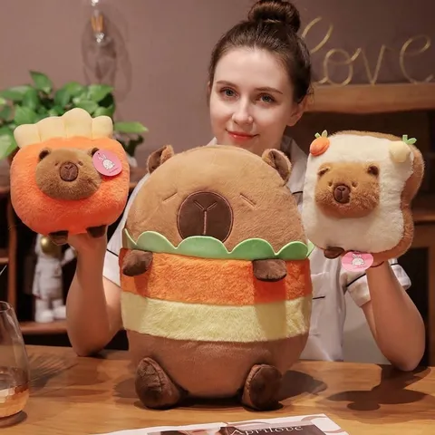 Lindo Juguete de Peluche de Carpincho Comida Creativa Hamburguesa Tostada Papas Fritas en Forma de Animal de Peluche Suave Muñeca Capibala para Regalo de Niños Decoración del Hogar
