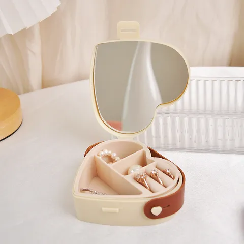 Mini Heart Shaped Portable Jewelry Box Travel Mirror Storage Organizer Case For Earrings Necklace Rings Lipsticks Women Girls Jewelry Storage Box