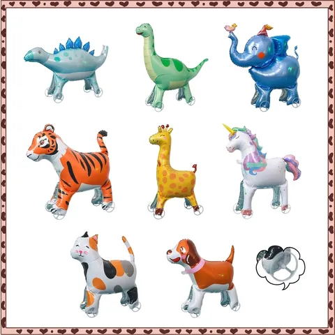 Ballon en Aluminium Animal Marchant 3D Grand Ballon à l'Hélium Gonflable Avec Roues Dessin Animé Dinosaure Tigre Éléphant Décoration de Fête Jouet Enfant