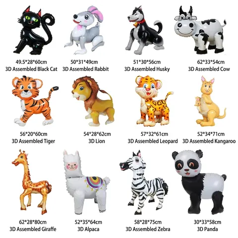 3D Standing Animal Foil Balloon Cartoon Tiger Lion Zebra Giraffe Rabbit Kangaroo Balloon For Kids Birthday Party Decoration Kindergarten Classroom Decor
