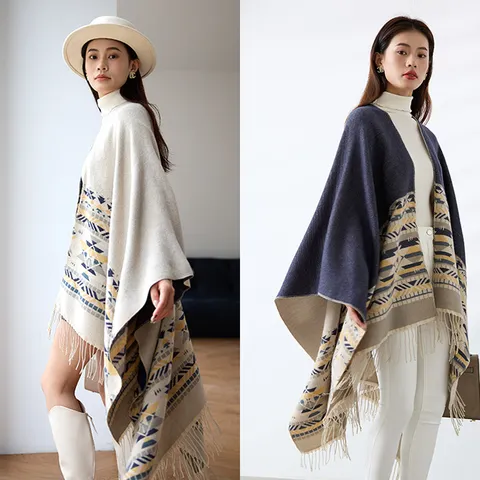 Vintage Ethnic Jacquard Shawl Cape For Women Reversible Geometric Tassel Poncho Wrap Oversized Soft Acrylic Blanket Scarf