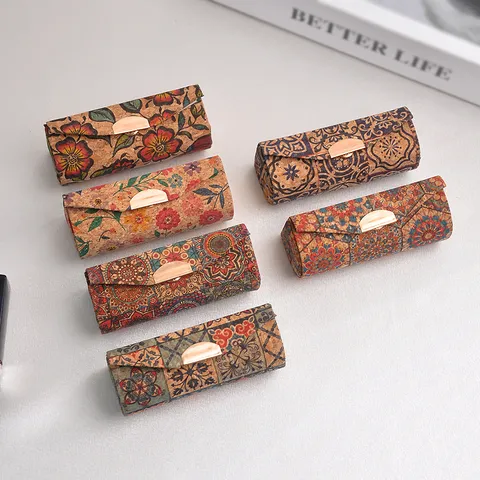 Vintage Chinese Style Printed Cork Leather Lipstick Case With Built-In Mirror Portable Lipstick Storage Box Gift For Women