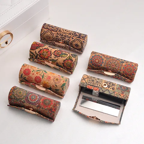 Vintage Chinese Style Printed Cork Leather Lipstick Case With Built-In Mirror Portable Lipstick Storage Box Gift For Women