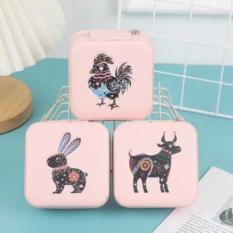 Portagioie Portatile in Pelle PU Con Stampa Animali dello Zodiaco Cinese Custodia da Viaggio Con Specchio Chiusura a Cerniera Scatola per Anelli Orecchini Collane