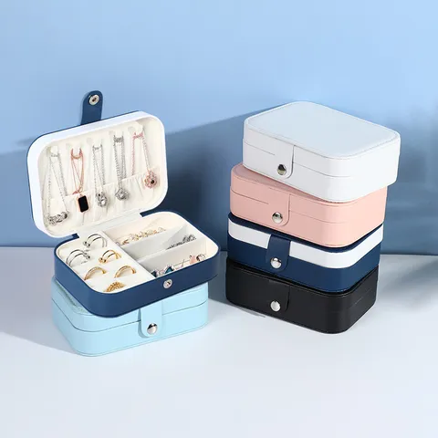Joyero Portátil de Doble Capa de Cuero PU Organizador de Joyas para Anillos Pendientes Collares Estuche de Viaje para Mujer