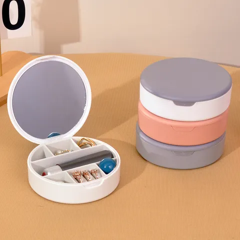 Organisateur Bijoux Portable en Plastique Avec Miroir Boîte à Bijoux de Voyage pour Bagues Boucles d'Oreilles Colliers Étui de Rangement Compact Femme