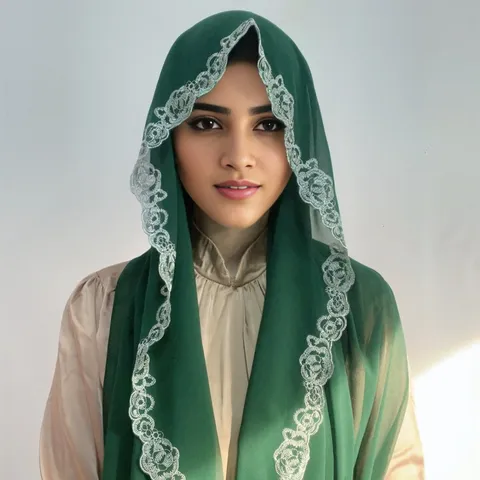 Women Summer Pearl Chiffon Hijab Fashion Embroidered Lace Border Solid Color Muslim Headscarf Long Scarf Shawl Wrap