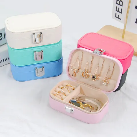 Portable PU Leather Jewelry Box Travel Mini Jewelry Organizer Case For Rings Earrings Necklaces Snap Button Jewelry Box Gift For Women