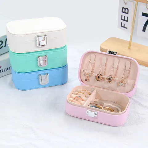 Portable PU Leather Jewelry Box Travel Mini Jewelry Organizer Case For Rings Earrings Necklaces Snap Button Jewelry Box Gift For Women