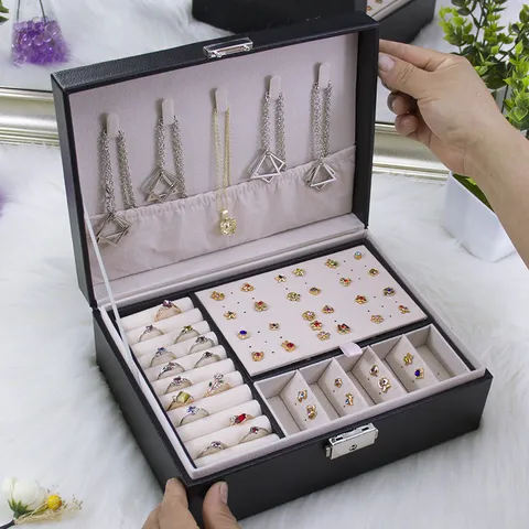 Portagioie in Pelle PU a Doppio Strato Scatola Organizer per Gioielli di Grande Capacità Con Serratura per Anelli Orecchini Collane Regalo Donna
