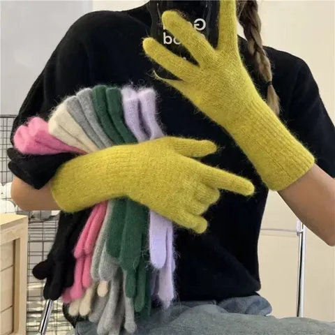Winter Kaninchenfellmischung Gestrickte Fingerhandschuhe Lang Verlängerte Manschette Warm Winddicht Outdoor Radhandschuhe Damen Herren