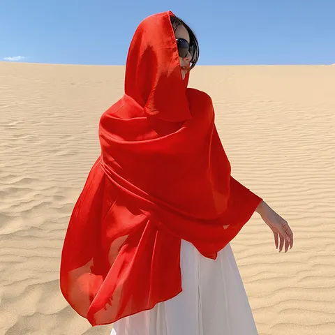 Women Satin Long Scarf Sun Protection Shawl Bohemian Paisley Print Solid Red Beach Desert Travel Decorative Wrap For Women
