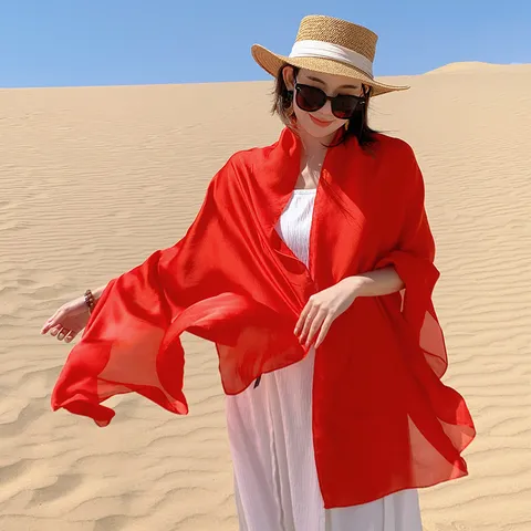 Women Satin Long Scarf Sun Protection Shawl Bohemian Paisley Print Solid Red Beach Desert Travel Decorative Wrap For Women