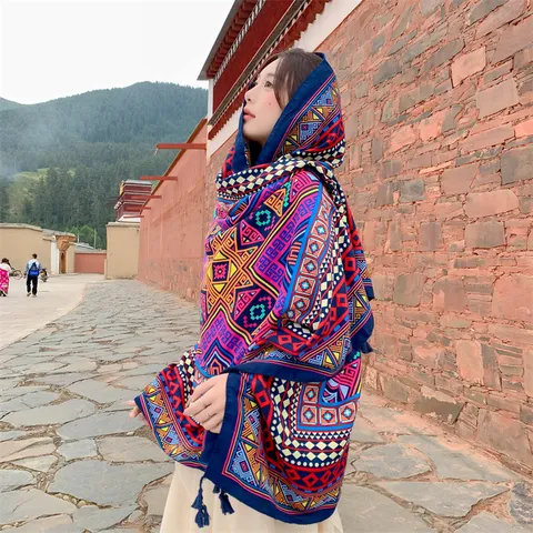 Ethno-Stil Großer Schal Baumwollmischung Böhmischer Druck Quasten Schal Für Damen Retro Geometrisches Muster Sonnenschutz Pashmina Wickel