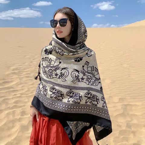 Bohemian Ethnic Geometric Print Scarf Women Long Tassel Shawl Lightweight Sun Protection Beach Travel Scarf Polyester