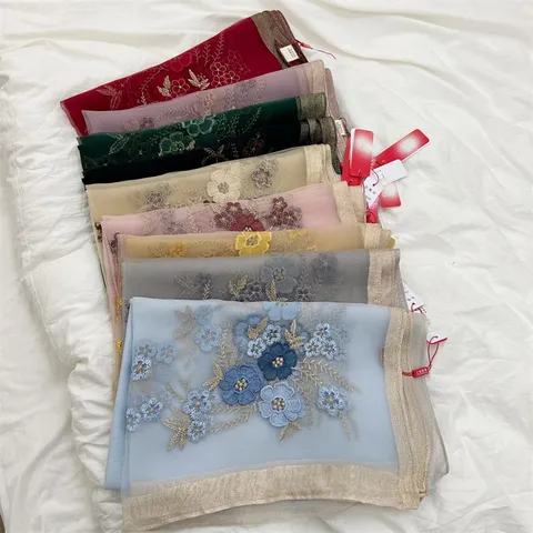Women's Begonia Floral Embroidered Scarf Wool Blend Chinese Style Vintage Long Shawl Soft Winter Scarf Warm Elegant Wrap
