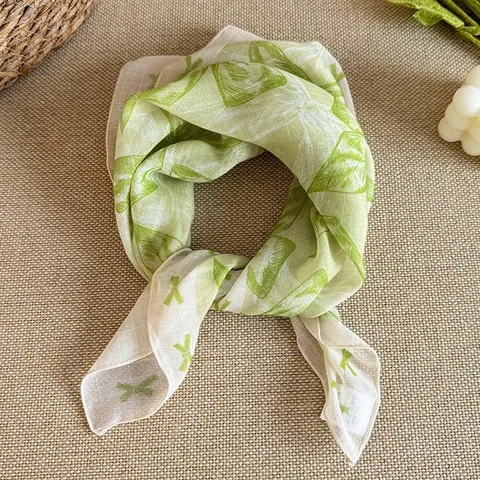 Fresh Cotton Square Scarf For Women Floral Bowknot Pattern Lightweight Neck Scarf Retro Headwrap Summer Sunshade Scarf
