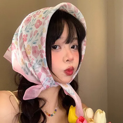 French Pastoral Floral Headscarf For Women Cotton Blend Bandana Sun Protection Square Neck Scarf Elegant Artistic Hair Accessory