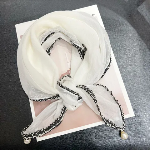 French Style Solid Color Tweed Texture Small Square Scarf For Women Elegant Neck Scarf With Artificial Pearl Rhinestone Pendant