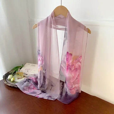 Women's Long Scarf Georgette Floral Printed Sunscreen Shawl Elegant Soft Neck Wrap Spring Autumn Lightweight Accessory