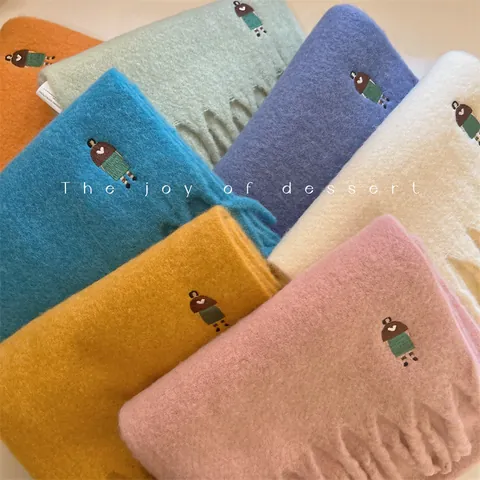 Korean Style Wool Blend Embroidered Girl Large Scarf For Women Autumn Winter Thickened Warm Tassel Shawl Elegant Fashion Wrap
