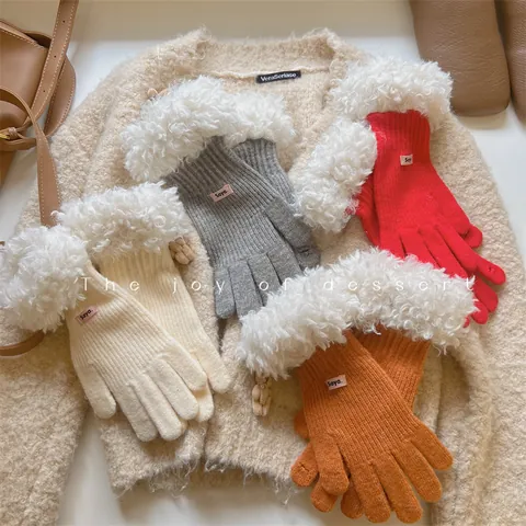 Women Winter Warm Knit Touchscreen Gloves With Plush Lamb Wool Cuffs Fashion Solid Color Thickened Thermal Mittens Daily Wear