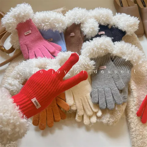 Women Winter Warm Knit Touchscreen Gloves With Plush Lamb Wool Cuffs Fashion Solid Color Thickened Thermal Mittens Daily Wear