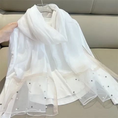 Fairy Style Women Satin Scarf with Artificial Pearls Gauze Edge Patchwork Long Elegant Scarf Shawl for Daily Party