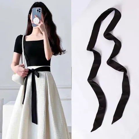 Solid Color Satin Skinny Scarf For Women Office Professional Ribbon Tie Bag Accessory Long Headband Neck Scarf Elegant Accessory