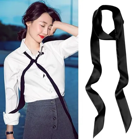 Solid Color Satin Skinny Scarf For Women Office Professional Ribbon Tie Bag Accessory Long Headband Neck Scarf Elegant Accessory