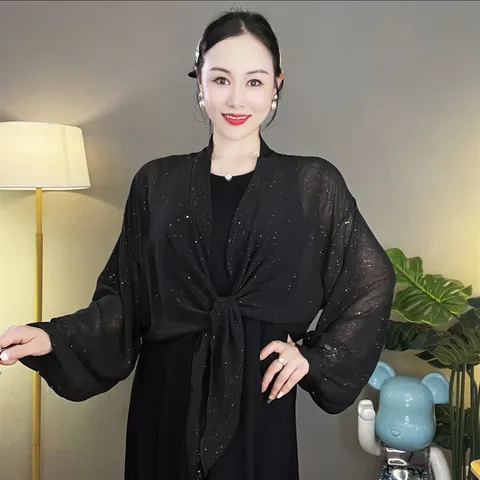 Women Starry Sequined Chiffon Shawl Shrug Elegant Lightweight Sun Protection Top For Summer Party Wedding Accessory Cardigan